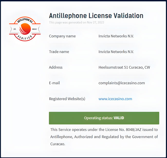 Security and licensing at Ice Casino